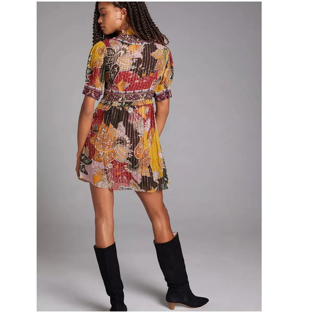 Anthropologie Beaded Shimmer Mini Dress M medium Verb metallic v-neck red yellow